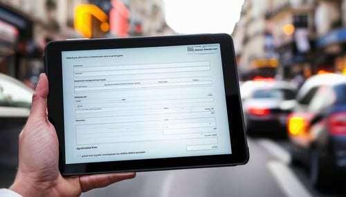 An online form over the top of a dashboard on a tablet being held by someone in a busy street