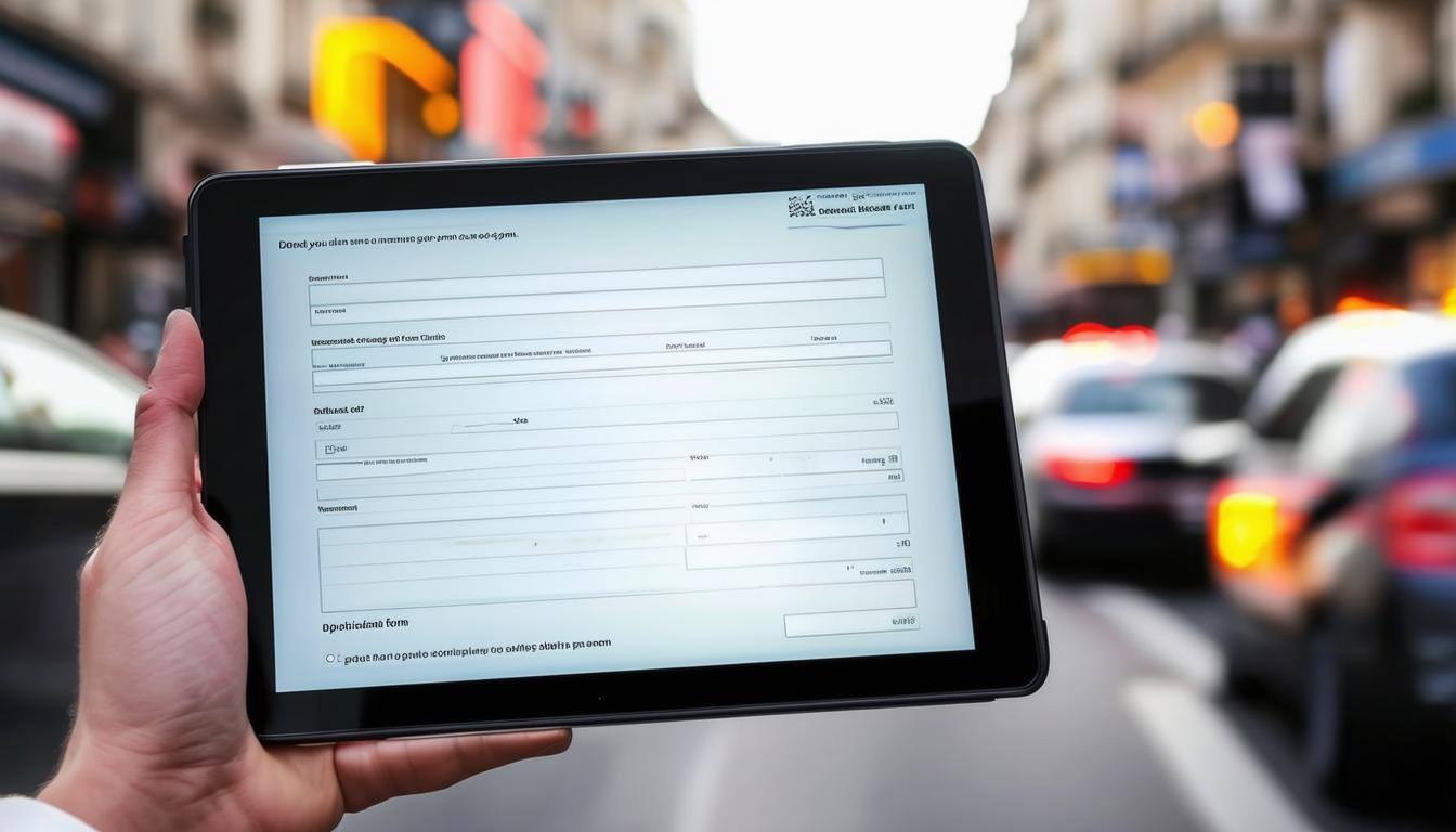 An online form over the top of a dashboard on a tablet being held by someone in a busy street