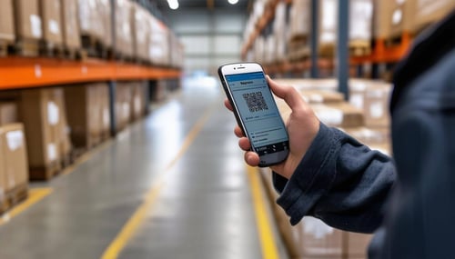 a device scanning a QR code in a warehouse on a phone doing inventory management that has a Rayven app on it