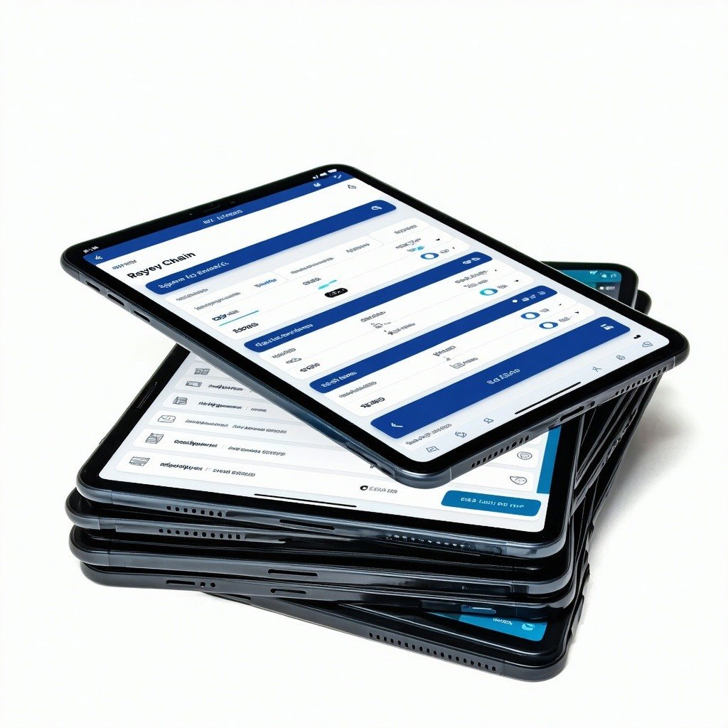 A stack of tablets with a Rayvencreated supply chain and logistics app on the top screen The stack should be on a plain white background A stack of tablets with a Rayvencreated supply chain and logistics app on the top screen The stack should be on a plain white background